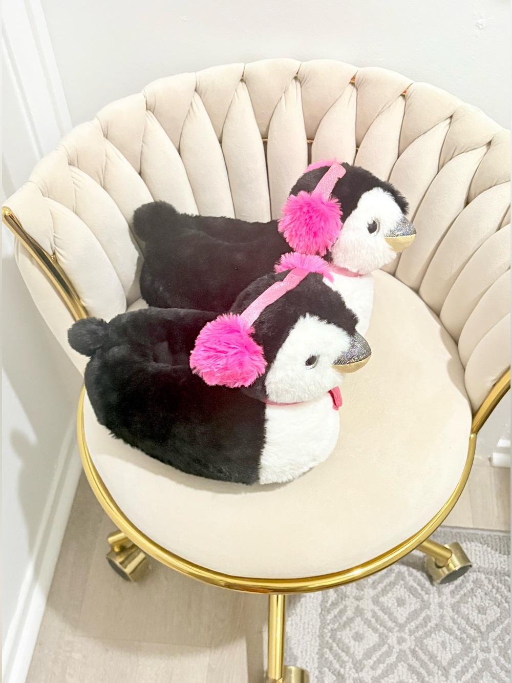Cozy Penguin Plush Slippers in Black, White & Pink